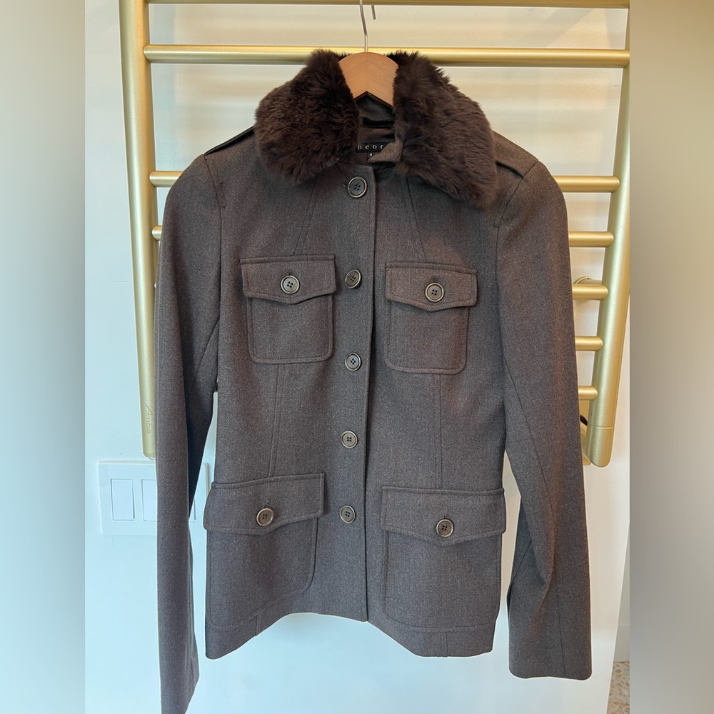 Theory Dark Brown Utility Jacket with removable Fur Collar, size 4